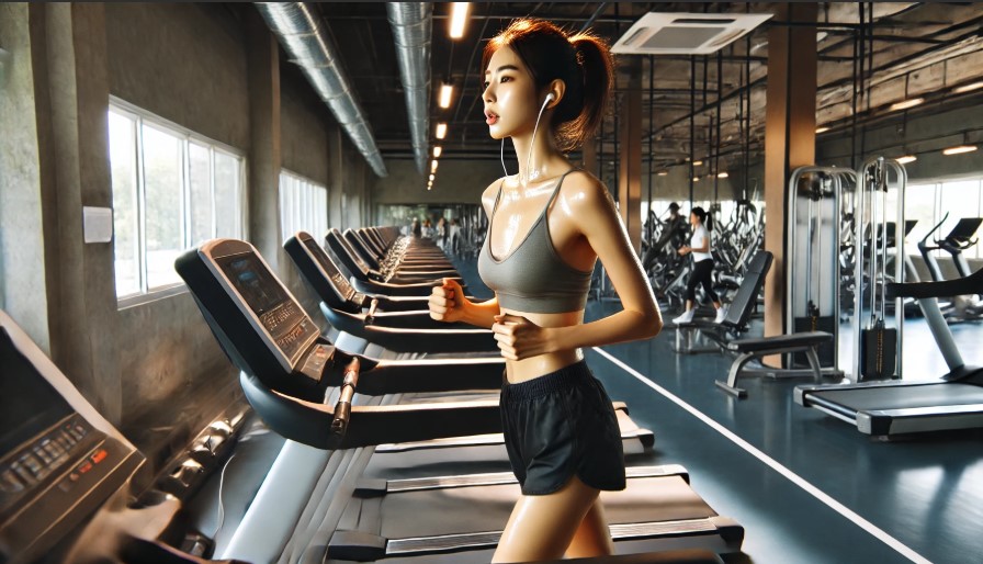 헬스장에서 트레드밀 하고 있는 여성