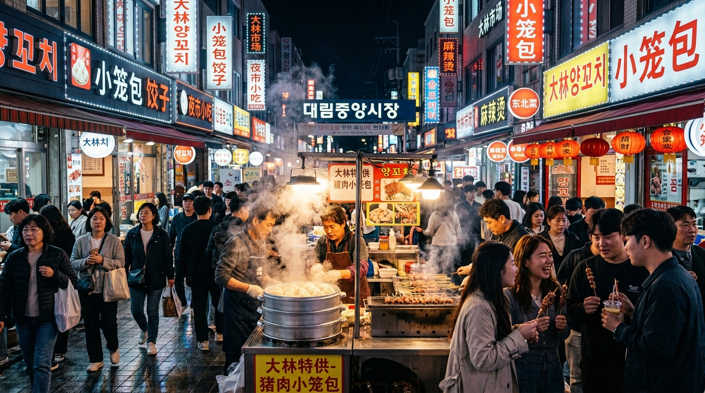 밤거리의 화려한 대림 중앙시장