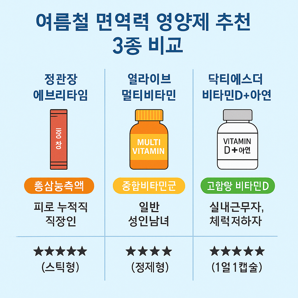 정관장 에브리타임&amp;#44; 얼라이브 멀티비타민&amp;#44; 닥터에스더 비타민D+아연 3가지 면역 영양제를 주성분&amp;#44; 추천 대상&amp;#44; 복용 형태로 비교한 표 형식의 인포그래픽 이미지. 하늘색 배경에 제품별 일러스트와 함께 별점과 복용법이 함께 정리되어 있음.