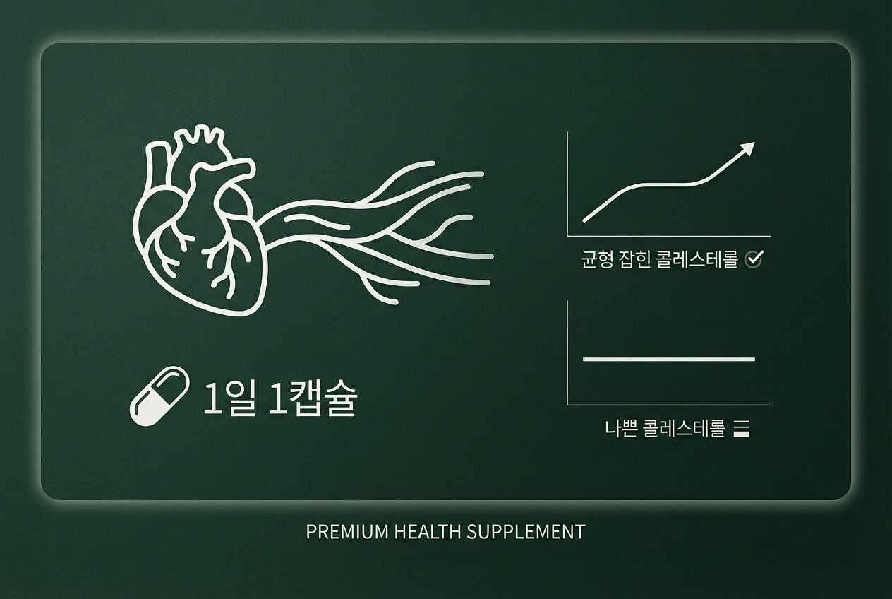 폴리코사놀의 혈중 콜레스테롤 관리 기능과 1일 1정 섭취 포인트를 요약한 인포그래픽