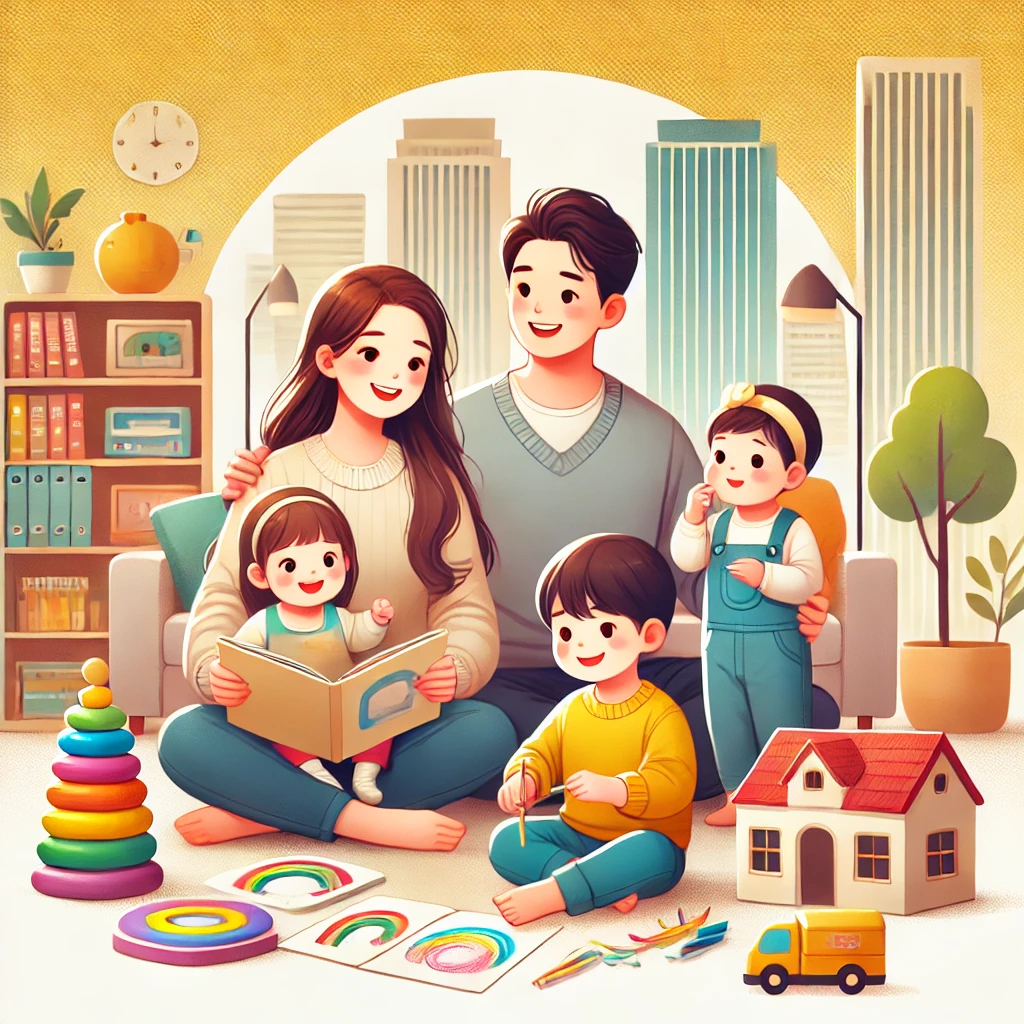 밝고 따뜻한 가정의 모습으로, 행복한 부모와 세 명의 자녀가 편안한 거실에서 함께 시간을 보내고 있습니다. 아이들은 책을 읽거나 그림을 그리는 등 다양한 활동을 하고 있으며, 가족의 따뜻한 분위기가 강조됩니다. 배경에는 과천시를 연상시키는 현대적인 도시 건물과 공원이 조화롭게 배치되어 있어, 경제적 지원과 양육 보조 정책의 혜택을 상징합니다.