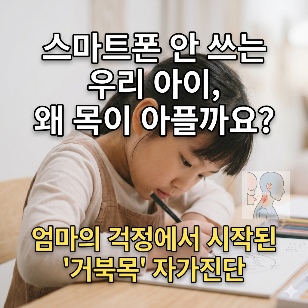 초등학생 거북목 자가진단과 예방 스트레칭 정보가 담긴 블로그 썸네일 이미지