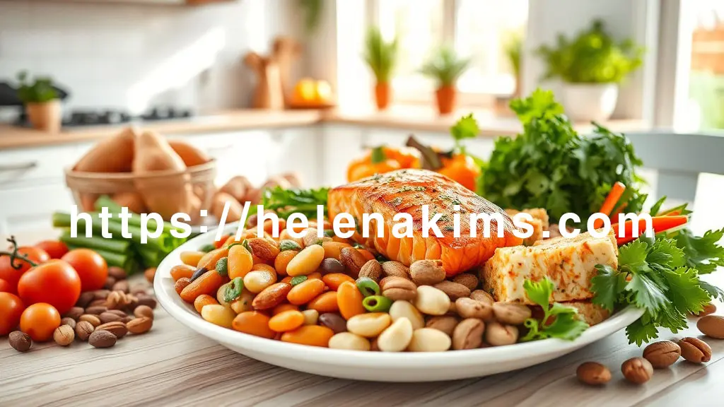 햇살 가득한 주방, 신선한 식재료로 가득 채워진 밝고 깨끗한 식탁이 보입니다. 접시 위에는 촉촉하게 구워진 연어 스테이크, 부드러운 닭가슴살, 다양한 콩류와 두부, 그리고 신선한 견과류와 채소들이 조화롭게 담겨 있습니다.