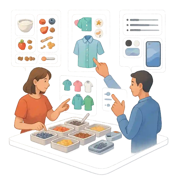 한 남성과 여성이 테이블 위의 다양한 요거트 토핑과 커스터마이징 의류, 스마트폰 옵션을 인터페이스 화면을 통해 각각 선택하고 있는 장면을 표현한 디지털 일러스트