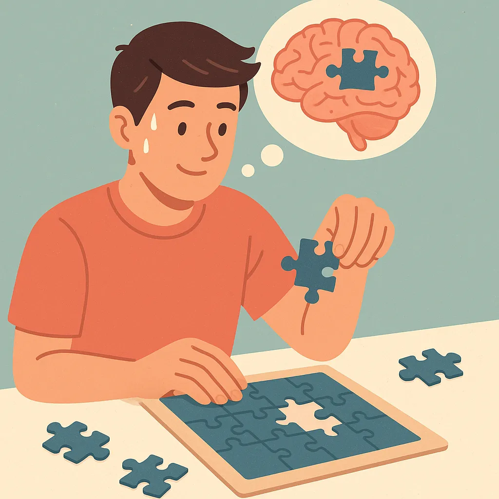 퍼즐을-집중해-맞추는-남성의-머릿속에-뇌의-퍼즐이-빛나는-모습으로,-퍼즐-놀이가-기억력과-집중력-향상에-도움을-주는-과정을-표현한-일러스트