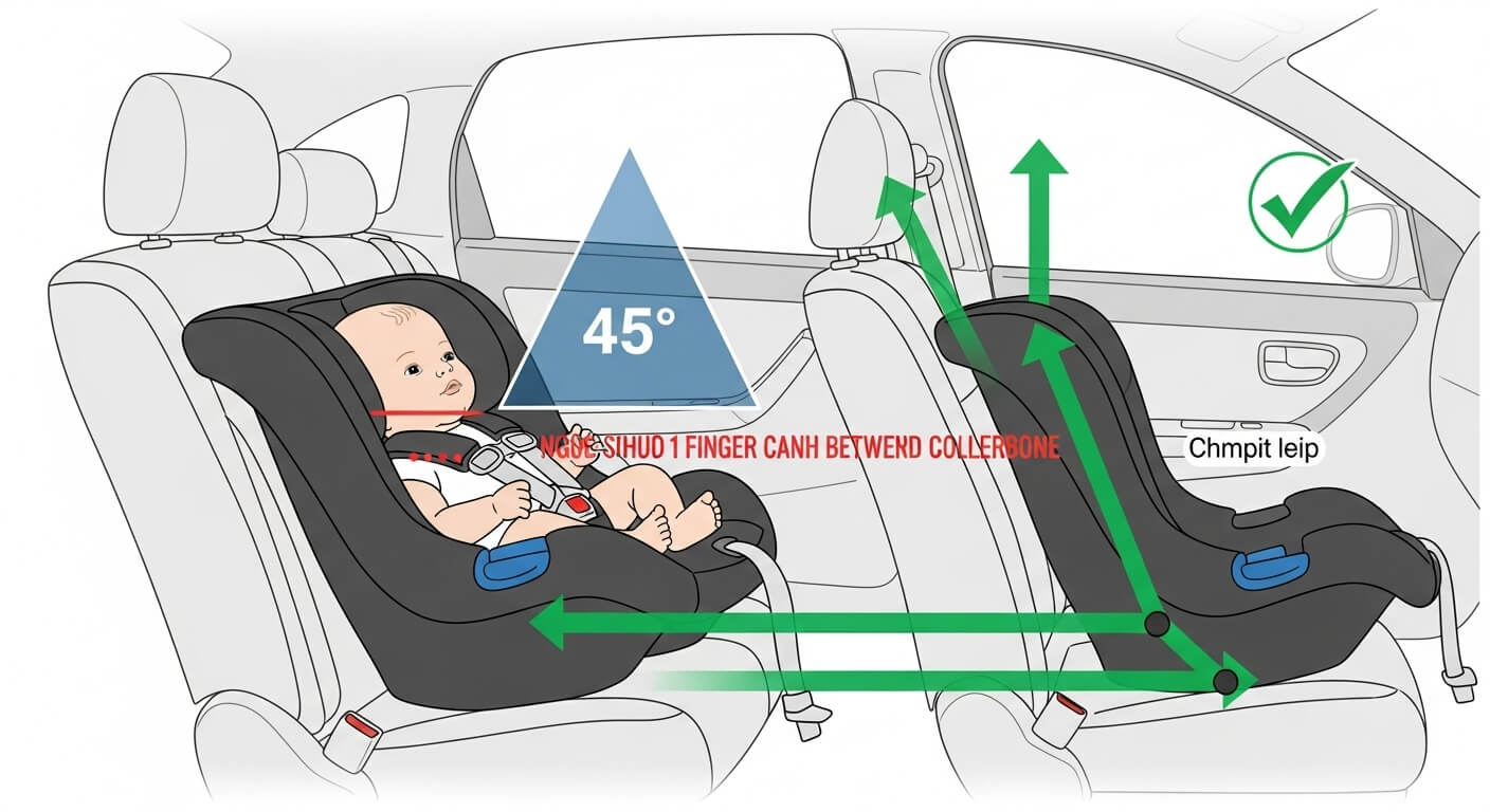신생아 카시트의 올바른 후방 장착 각도와 안전벨트 착용법 그림