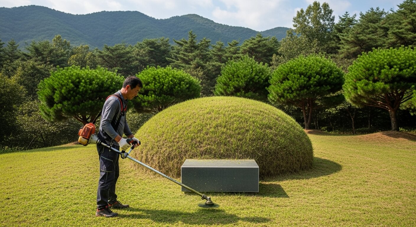 산속 봉분 묘지 주변을 예초기로 깎는 작업자