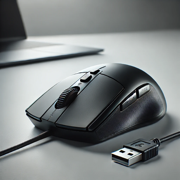 깔끔한 데스크 위에 배치된 고급스러운 블랙 디자인, 스크롤 휠과 다기능 버튼 등이 뚜렷하게 표현되어 리뷰 콘텐츠나 제품 소개용 이미지