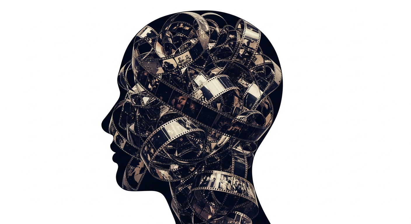 사람의 머리 실루엣 안에 영화 필름이 얽혀있는 이미지