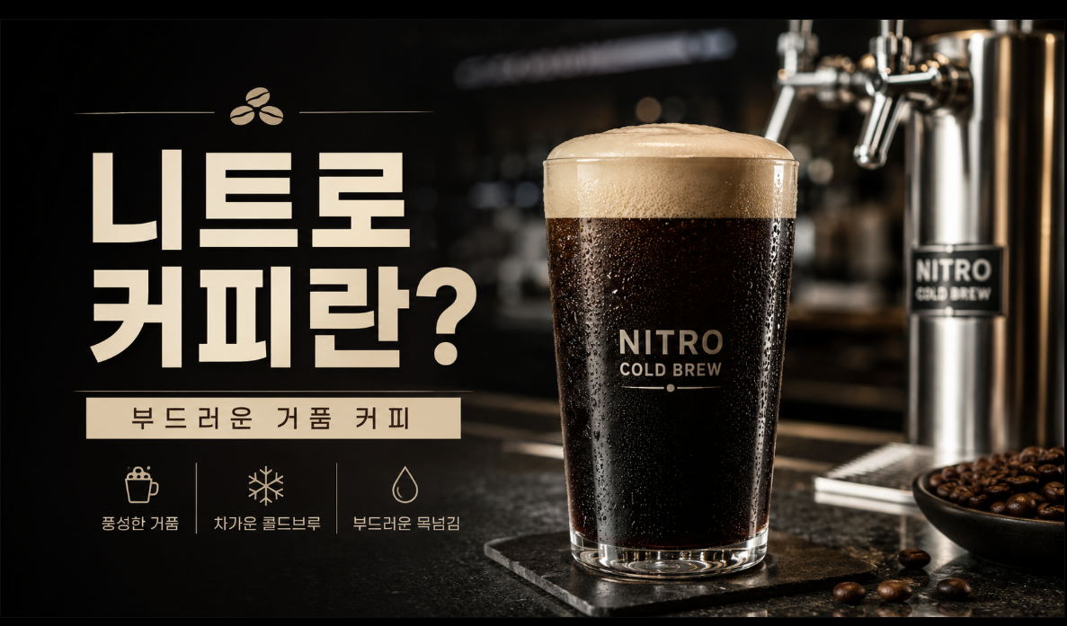 니트로 커피와 부드러운 거품이 있는 니트로 콜드브루를 보여주는 카페 메뉴 트렌드 썸네일 이미지