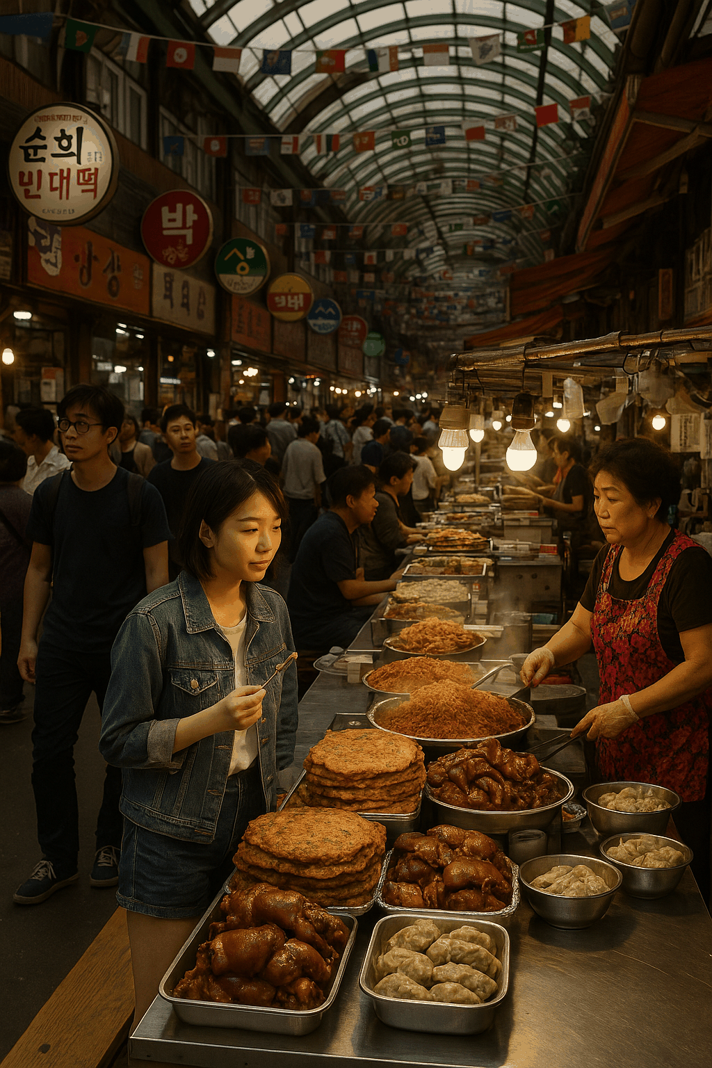 서울 광장시장의 분주한 거리에서 다양한 전통 먹거리를 즐기는 사람들의 생생한 모습