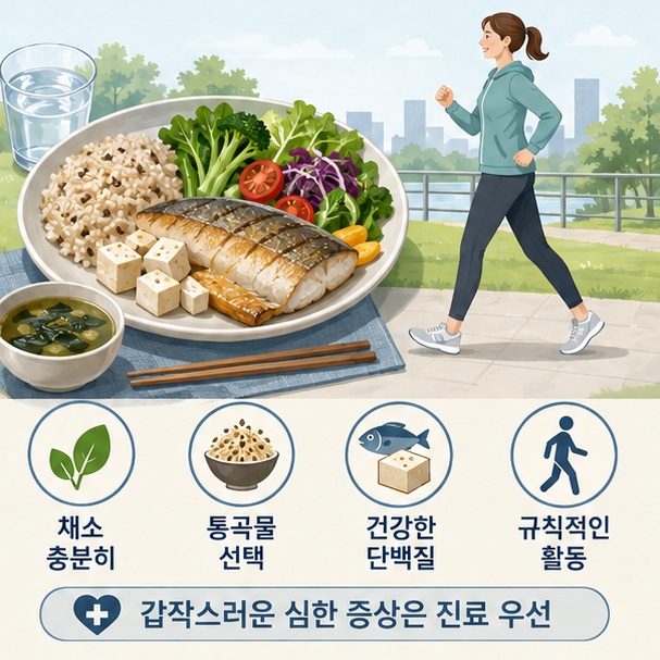 채소와 통곡물, 건강한 단백질을 균형 있게 먹고 규칙적으로 활동하며 갑작스러운 심한 팔다리 증상이나 가슴 통증은 진료를 우선해야 함을 보여 주는 그림