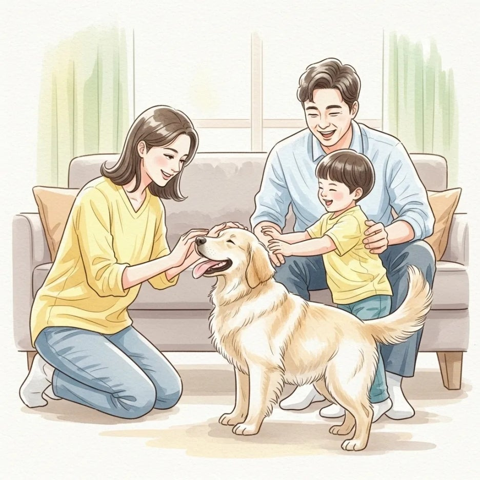 새로운 가족 품에서 행복해하는 유기견의 모습