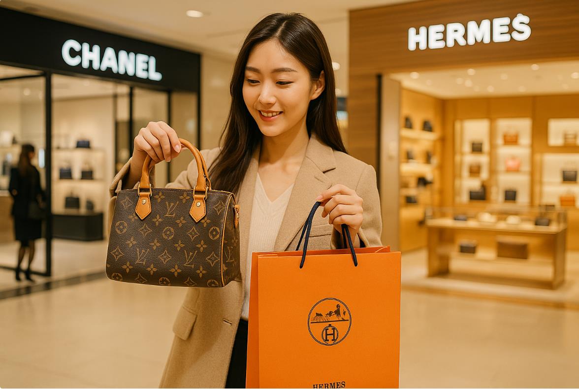 샤넬, 에르메스 백화점 매장에서 명품을 구매하고 기뻐하는 여성