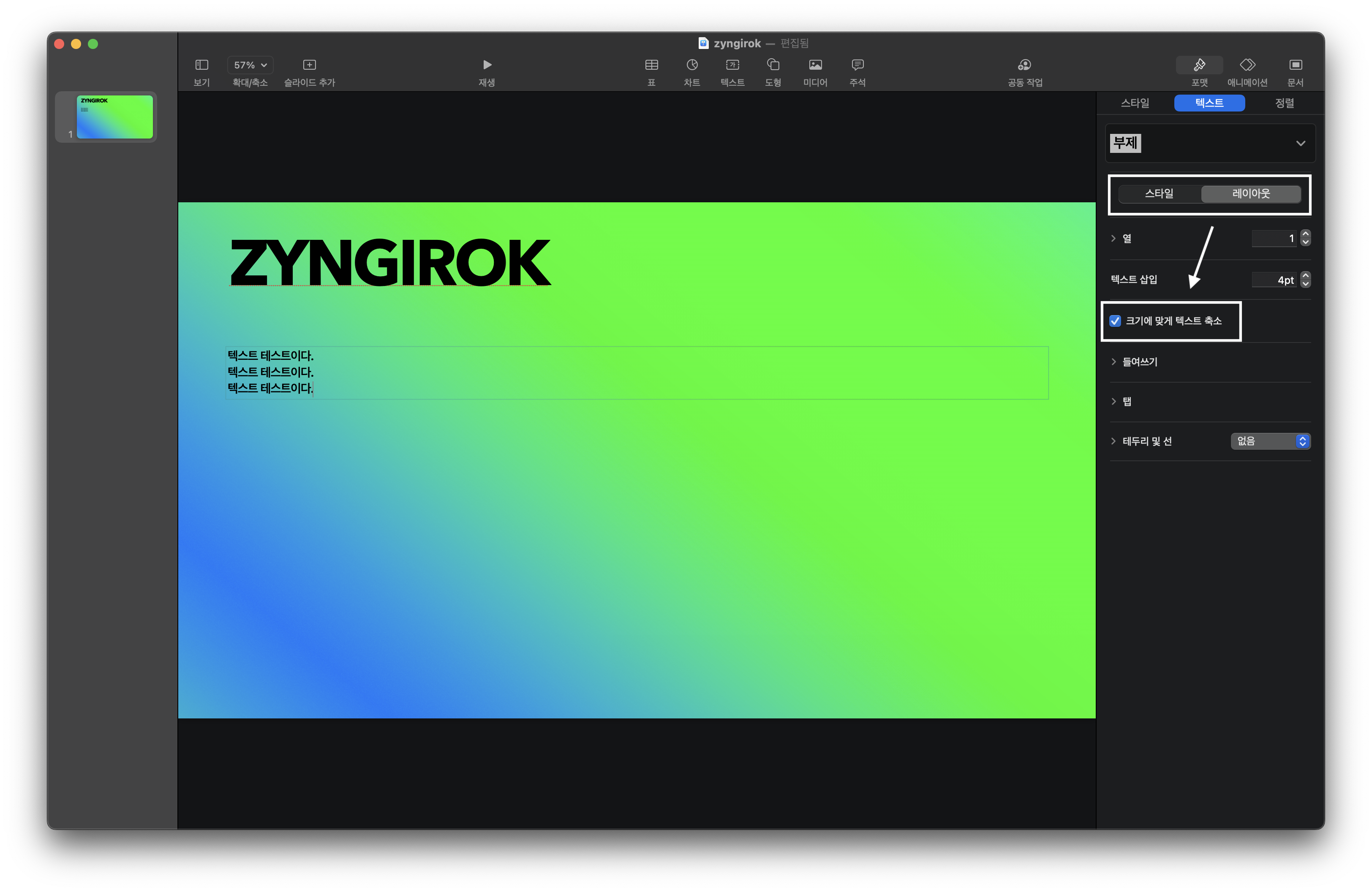 텍스트-설정에서-레이아웃탭에-들어가면-크기에-맞게-텍스트-축소-항목이-체크되어-있는것을-확인할-수있다.