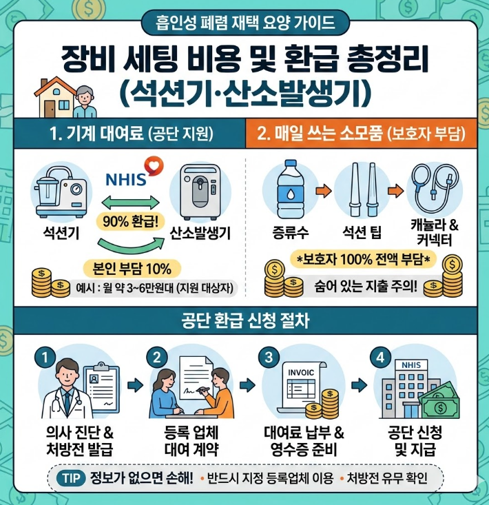 흡인성 폐렴 퇴원 후 가정용 석션기와 산소발생기 대여 비용 및 건강보험 환급 구조 한눈 정리 인포그래픽