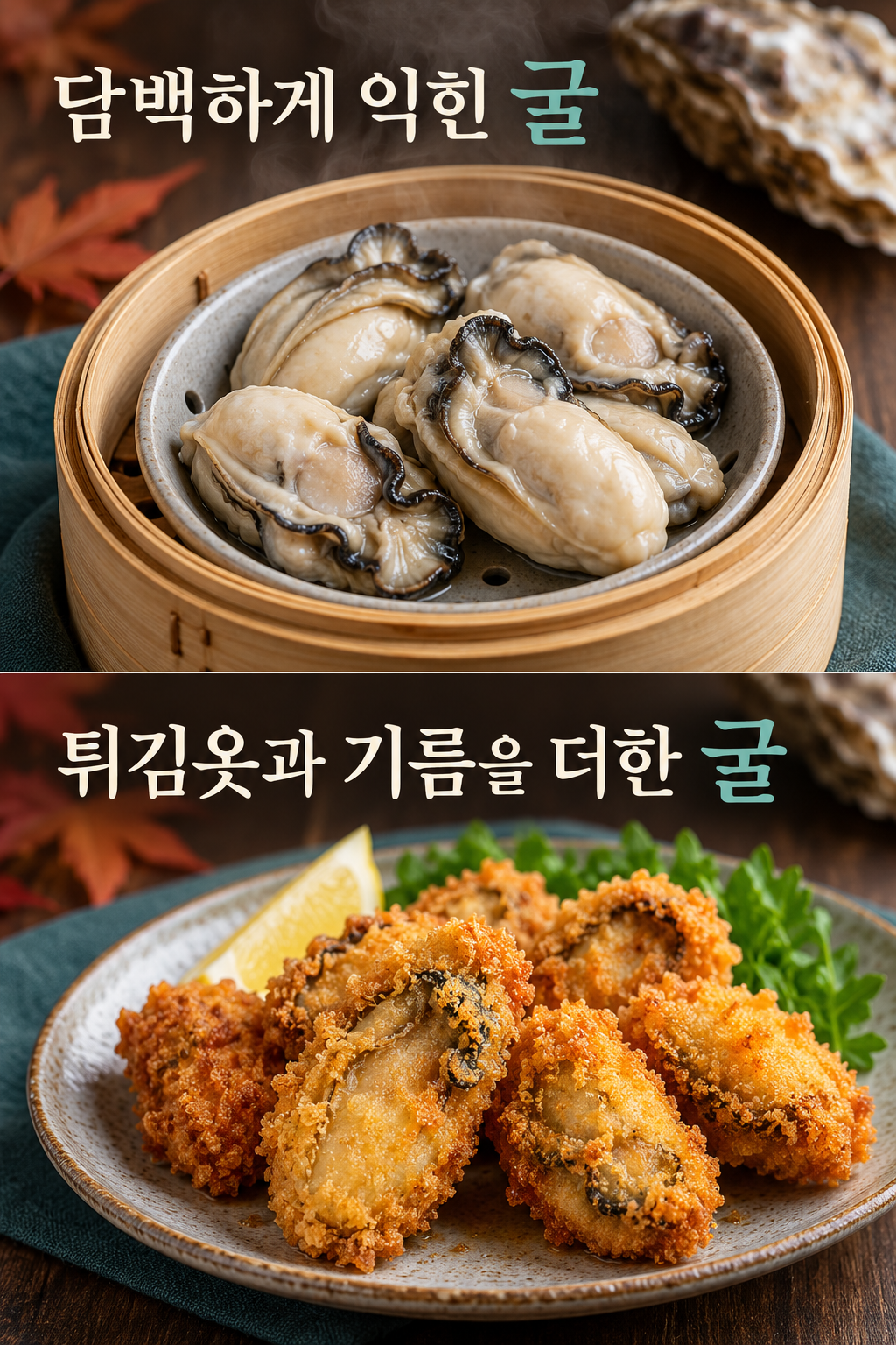 담백하게 익힌 굴과 튀김옷&middot;기름을 더한 굴의 비교.