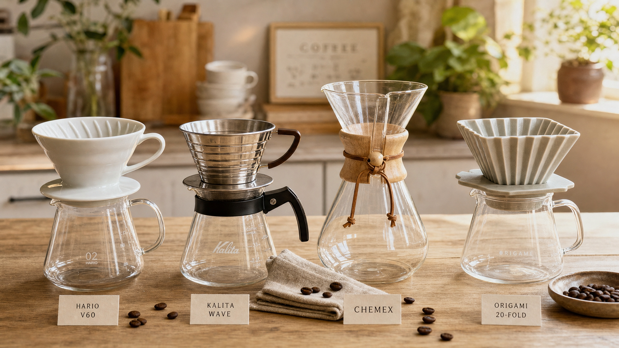 하리오 V60, 칼리타 웨이브, 케멕스, 오리가미 드리퍼 네 종류