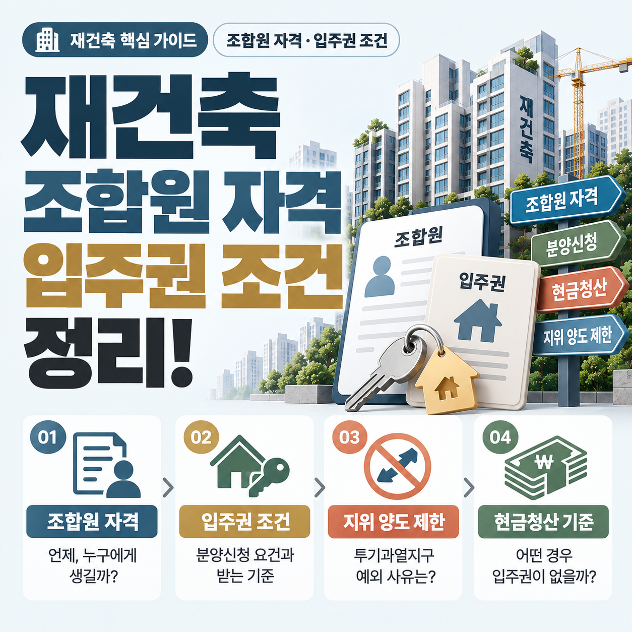재건축 조합원 자격과 입주권을 받는 조건을 설명하는 이미지