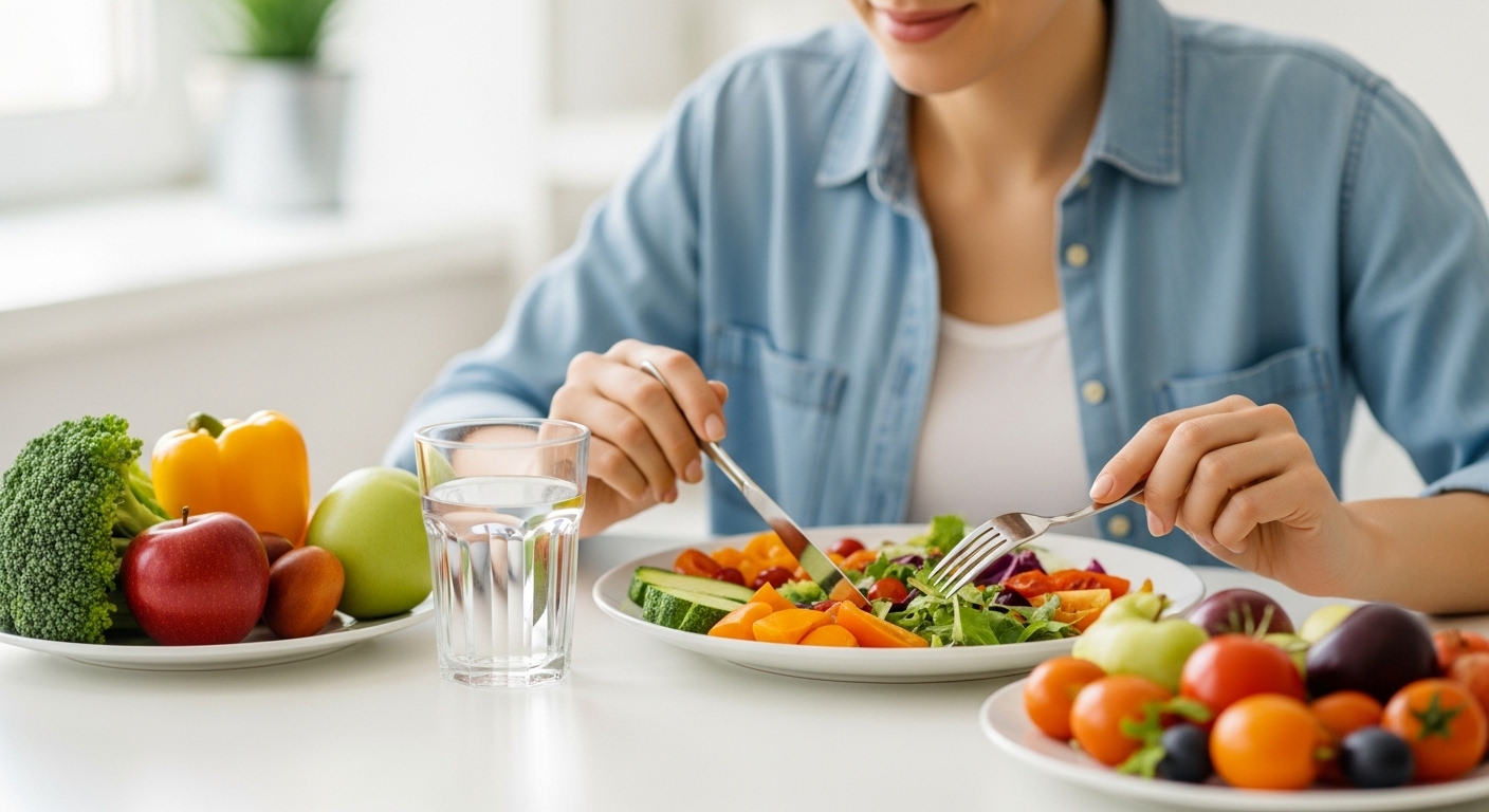 음식물이 인체에 흡수되어 체취 분자로 변하는 과정을 보여주는 과학적 삽화.