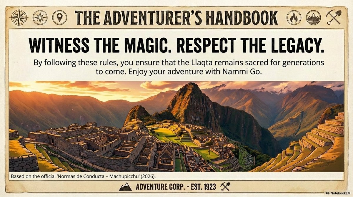 마추픽추 The Adventurer's Handbook 규칙 준수 안내 인포그래픽 Llaqta 신성한 유산 보호