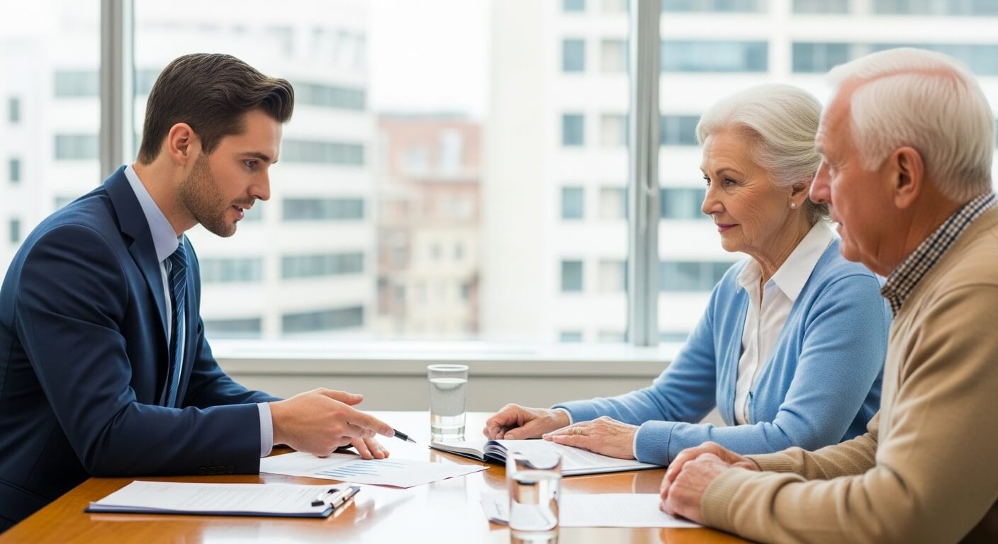 대출 서류를 검토하며 노부부와 상담하는 남성 은행원