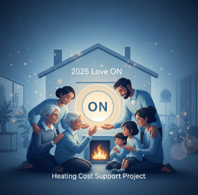 따뜻한 빛이 퍼지는 아늑한 공간에서 다양한 사람들이 난방 지원을 받으며 환하게 웃는 모습