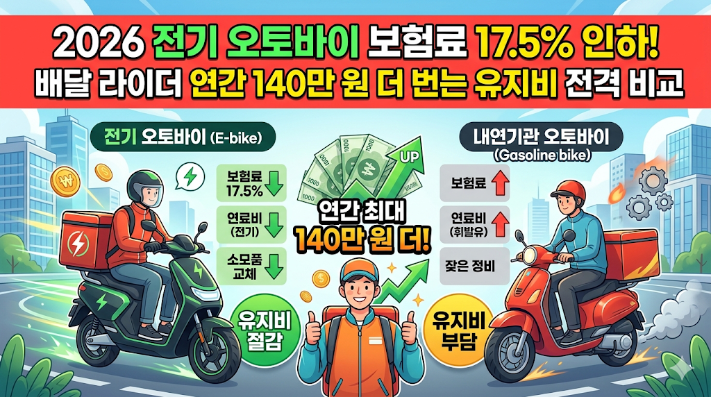 2026 전기 오토바이 보험료 17.5% 인하! 배달 라이더 연간 140만 원 더 버는 유지비 전격 비교