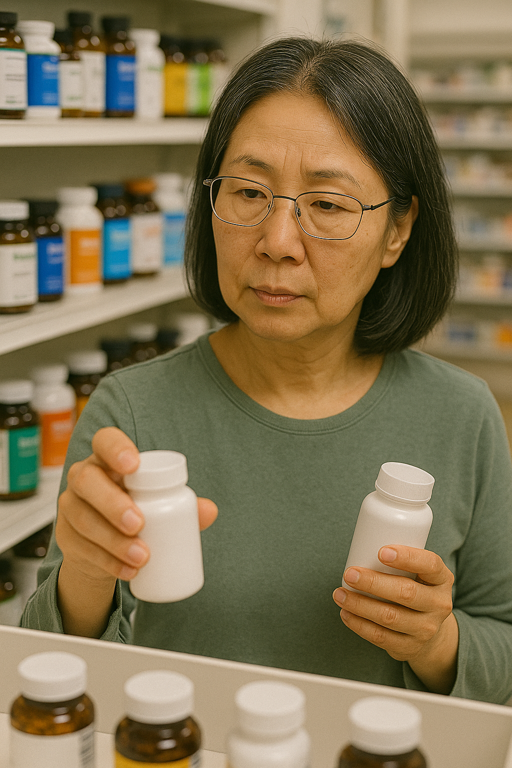 골다공증 치료제를 고르고 있는 중년 여성