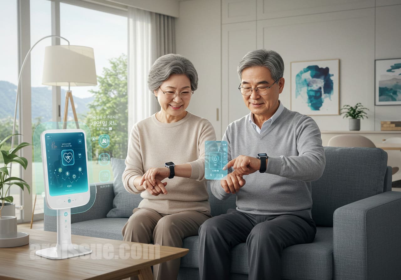 50대 부모님이 스마트 기기와 인공지능(AI)을 활용한 건강기기를 사용하며 건강 관리하는 장면, 효도상품의 경제적 가치 확대