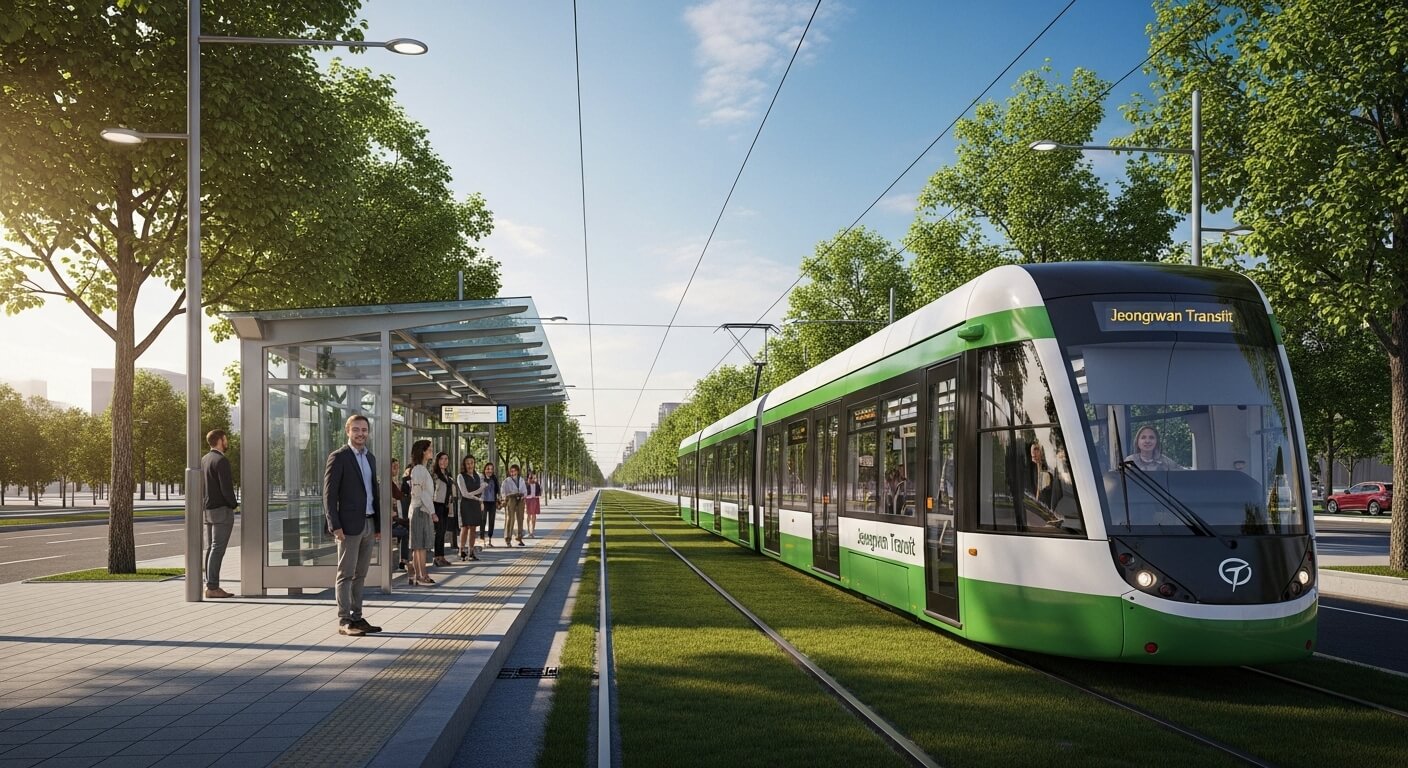 트램과정류장에 정차대기하고 있는 사람들이 있다