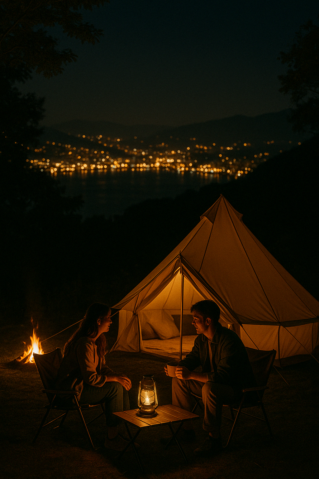 여름밤의 야경 속 감성 캠핑 장면