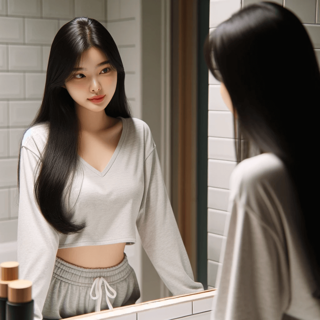 화장실에서 거울을 보는 모습