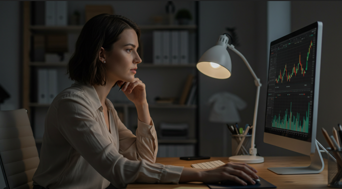 주식 차트가 표시된 모니터를 집중해서 바라보는 여성의 모습