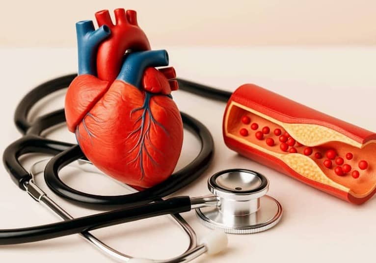 심장 모형과 동맥 내부의 지방 침착(플라크)을 보여주는 단면도, 그리고 청진기가 함께 놓여 있다. 심혈관 질환, 동맥경화, 콜레스테롤 관리의 중요성을 상징하는 의료 이미지.