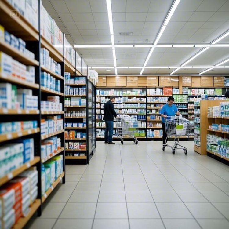대형 마트처럼 넓은 공간에 약품이 진열된 현대적인 창고형 약국 내부 모습. 고객들이 카트를 끌고 의약품을 직접 선택하는 모습과 깔끔하게 정리된 진열대들이 보이는 장면. 밝고 개방적인 분위기의 약국 인테리어.