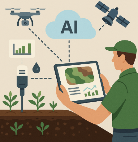 AI 토양 비옥도 분석 과정을 표현한 인포그래픽. 토양 센서와 드론, 위성이 데이터를 수집하고 클라우드 AI 시스템이 이를 분석해 비옥도 지도를 시각화하는 장면을 보여주는 이미지