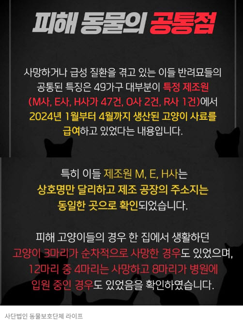 볼드모트 사료라고 불리는 사료 복용 후 피해를 본 동물들의 공통점에 대해 정리한 글 사진