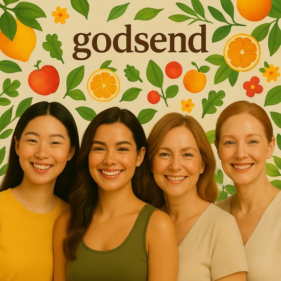 20대부터 50대까지 다양한 연령대의 여성이 웃으며 함께 있는 모습, 배경에는 꽃과 과일이 조화를 이루며 연령별 이너뷰티 루틴의 자연스러운 흐름을 상징함