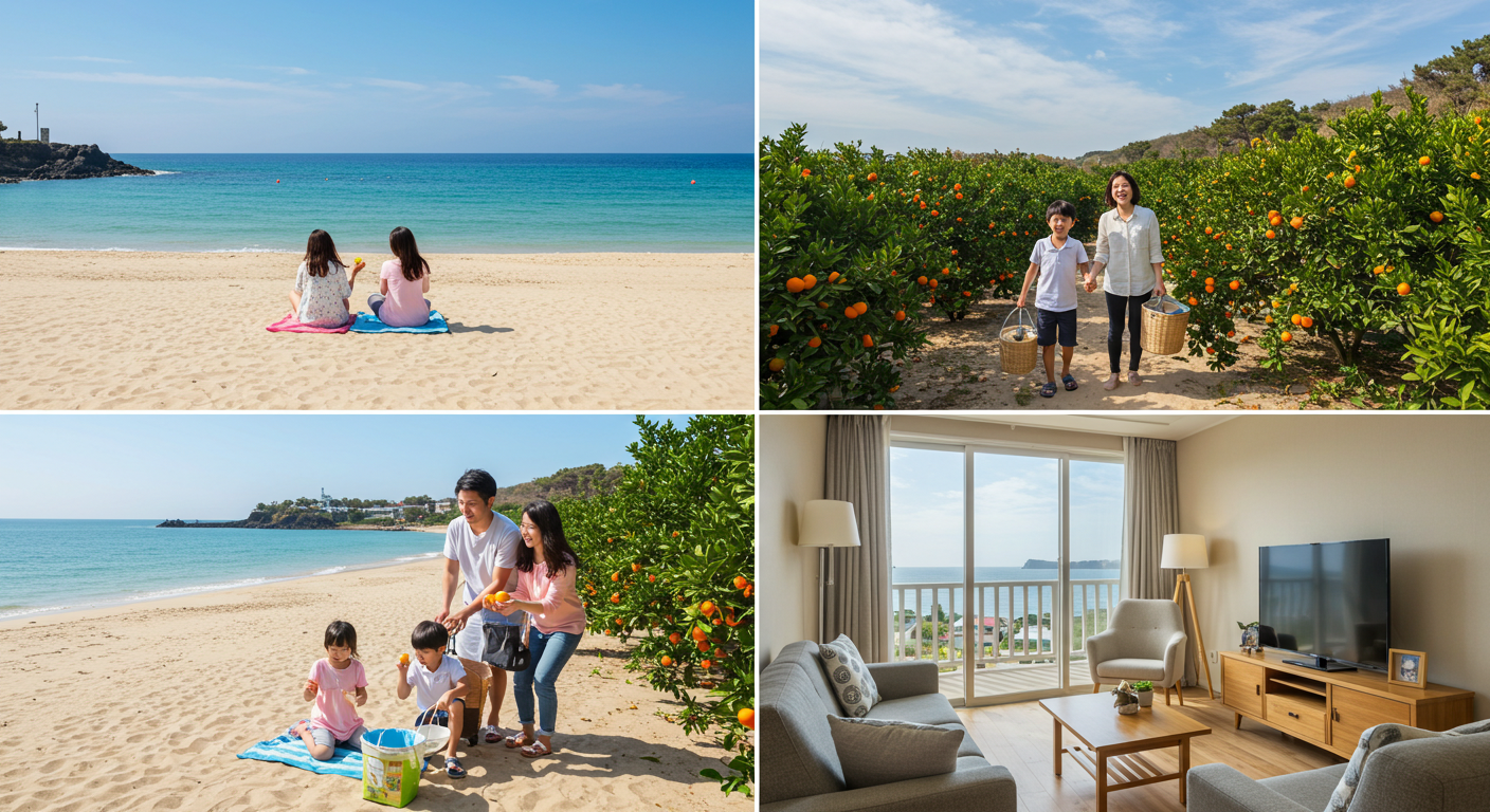 제주 가족 여행의 즐거운 순간들: 해변, 감귤 체험, 편안한 숙소