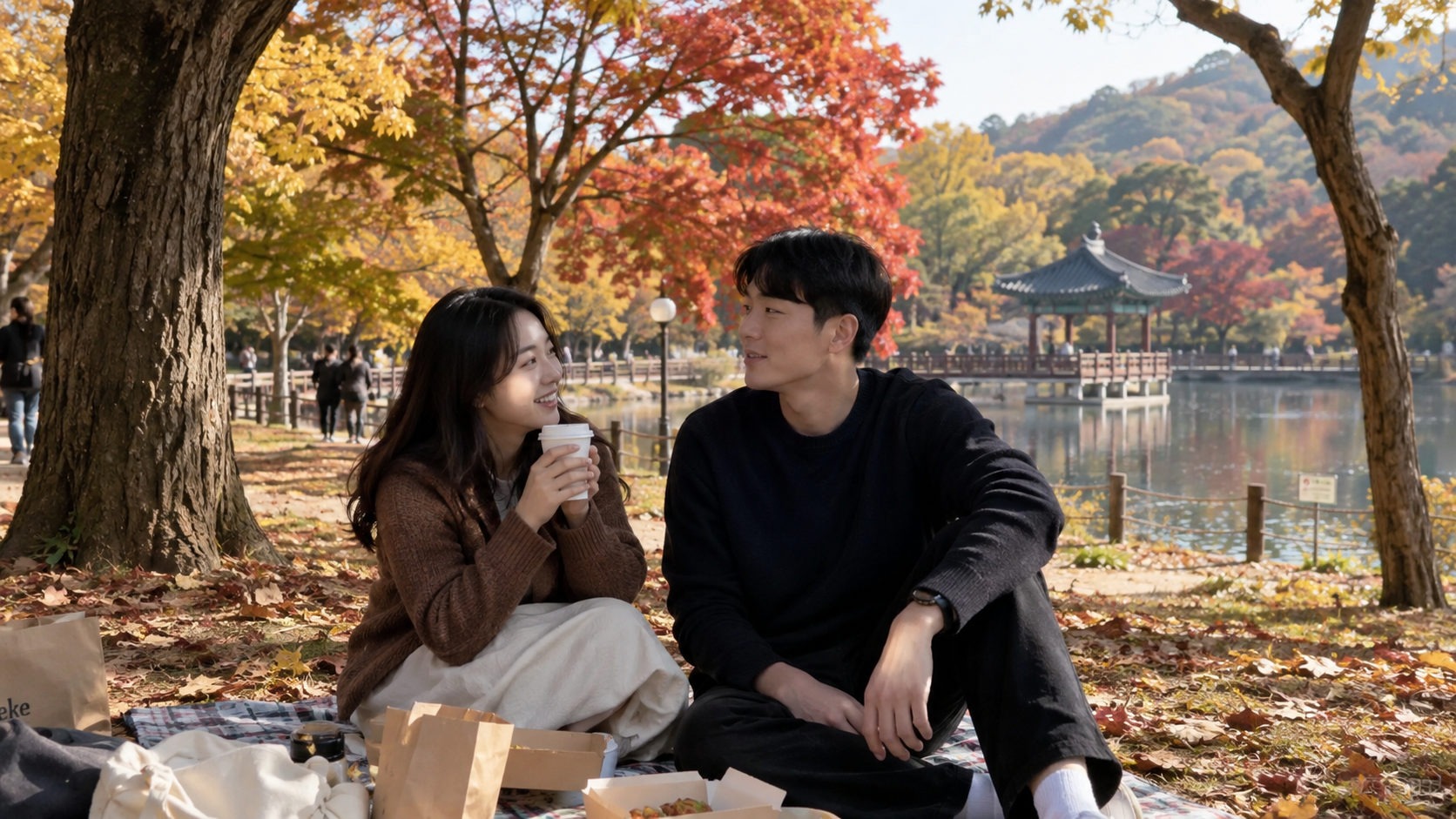 돗자리에 앉아 가을 풍경을 바라보는 사람
