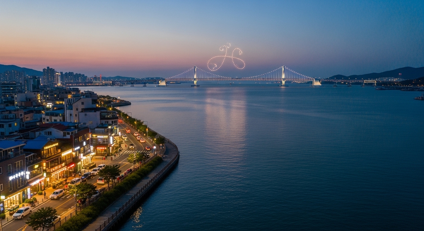 수영강변 카페 거리에서 바라본 광안리 해변과 멀리 보이는 드론쇼의 모습.