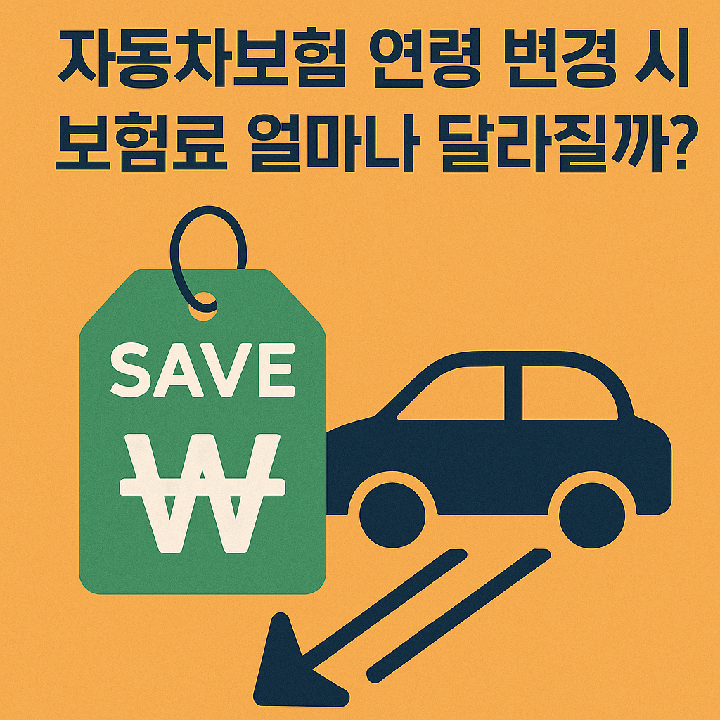 자동차보험 연령 변경에 따른 보험료 절감을 표현한 일러스트. 주황 배경 위에 자동차와 절약을 의미하는 'SAVE' 태그, 하향 화살표가 함께 배치된 경제정보형 썸네일 이미지.”