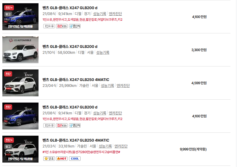 벤츠 GLB 클래스 중고차 가격 시세표 유지비