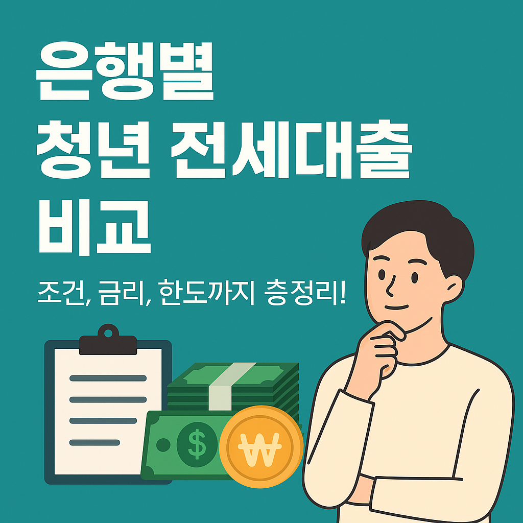 은행별 청년 전세대출 비교를 주제로 한 2D 일러스트 이미지. 청년 남성이 생각하는 포즈를 취하고 있으며, 옆에는 전세대출 관련 금전 아이콘(지폐, 원화·달러 심볼 동전, 서류 클립보드)이 배치되어 있고, 상단에는 “은행별 청년 전세대출 비교 – 조건, 금리, 한도까지 총정리!“라는 문구가 적혀 있음.