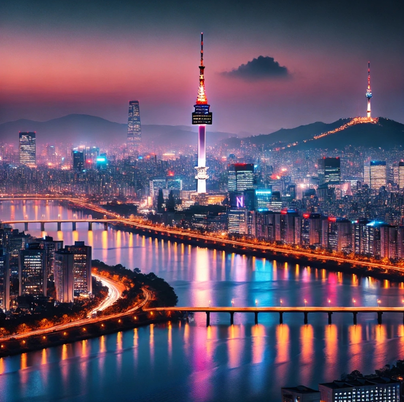 서울의 한강과 남산등 서울의 대표 명소의 야경을 표현한 이미지