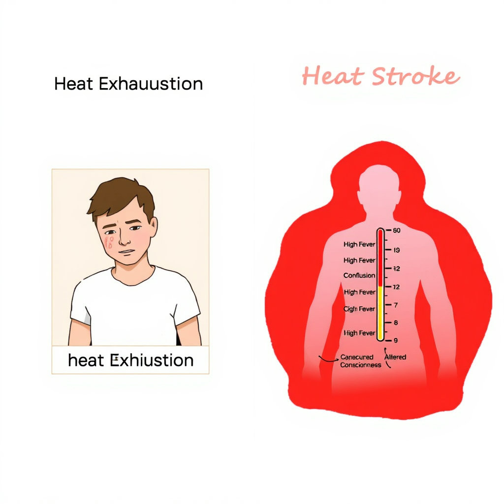 두 개의 상자나 다이어그램 형태로 나누어, 한쪽에는 '일사병(열탈진)'을 나타내는 가벼운 어지럼증이나 땀 흘림 이미지를, 다른 쪽에는 '열사병'을 나타내는 고열계, 의식 저하, 혼란스러움을 겪는 사람의 실루엣을 배치하여 심각성을 대비시킵니다.