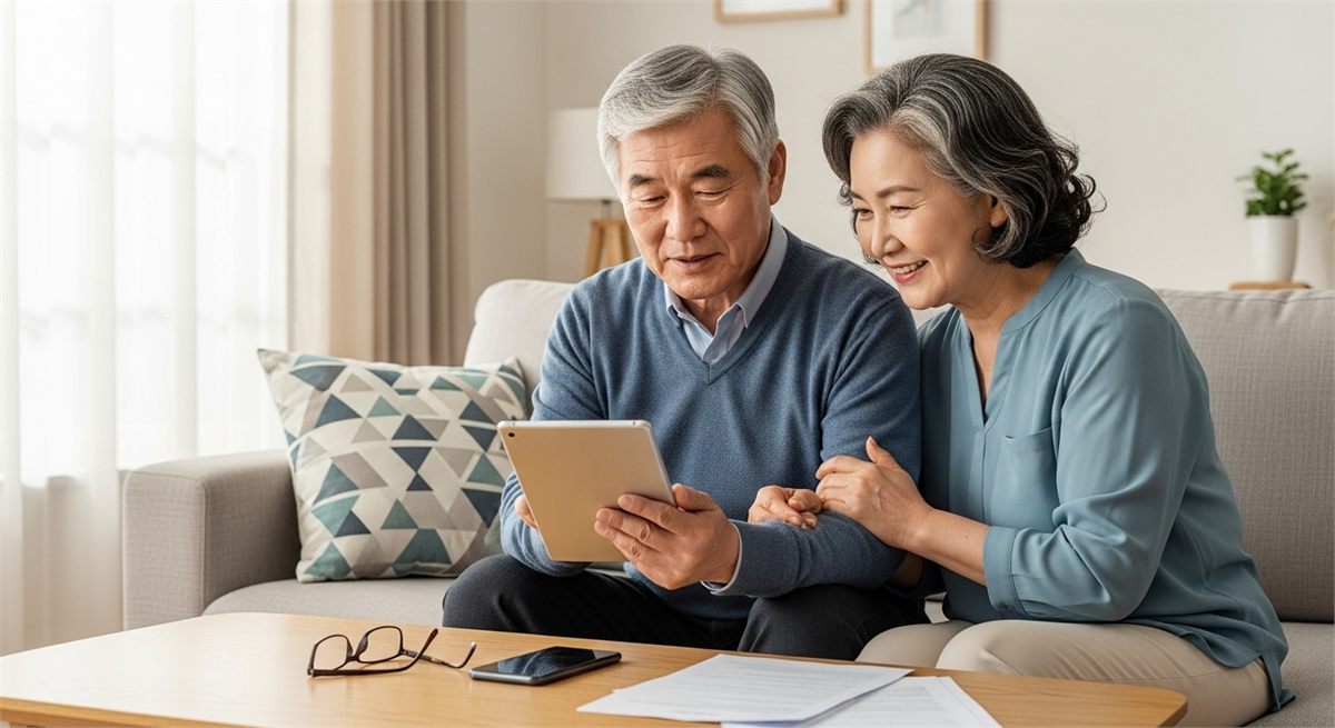 배당 정보를 함께 확인하는 부부의 모습 