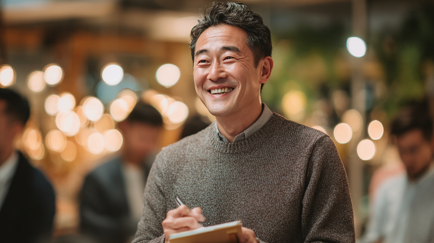 창업을 준비하는 중장년 남성이 나이를 장점으로 활용하며 적극적으로 상담에 참여하는 모습.