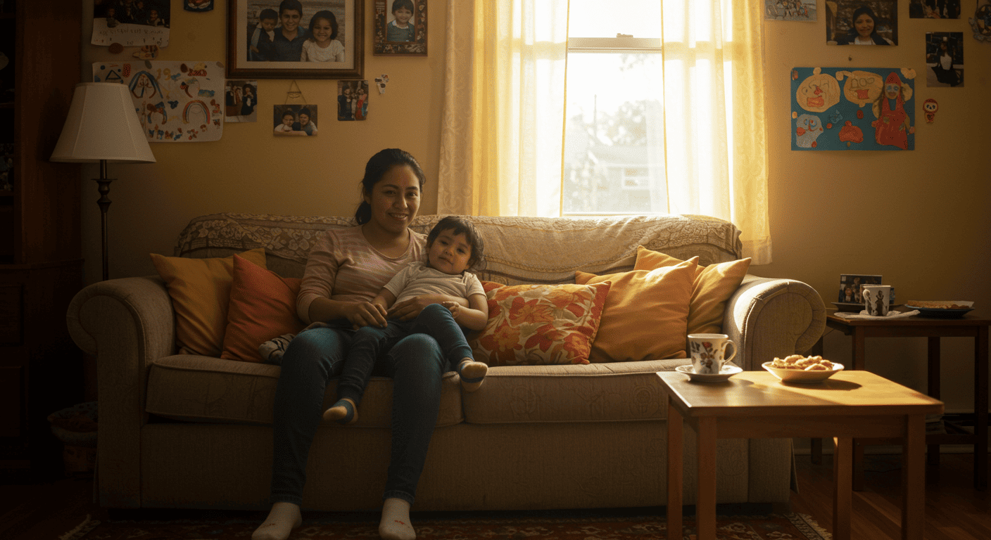 포근한 집에 엄마와 아이가 쇼파에 앉아 있는 사진